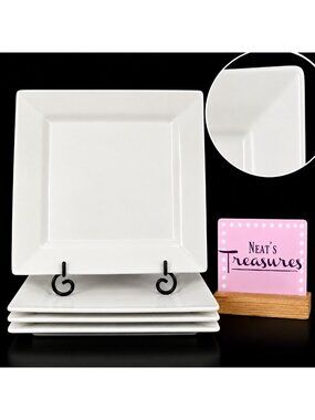 Dash of That WHITE WARE All Solid Porcelain Square Rim 10" Dinner Plates Set 4